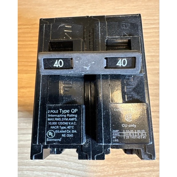Siemens Other - Siemens‎ I-T-E Type QP 40 Amp 2-Pole Circuit Breaker 120/240V Q240 HACR Rated